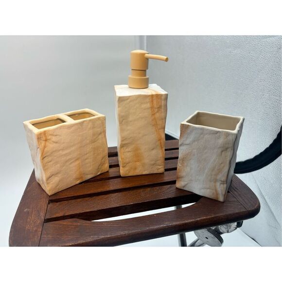 Soap Dispenser and Bathroom Accessory Trio – Faux Sandstone Look - Picture 2 of 7